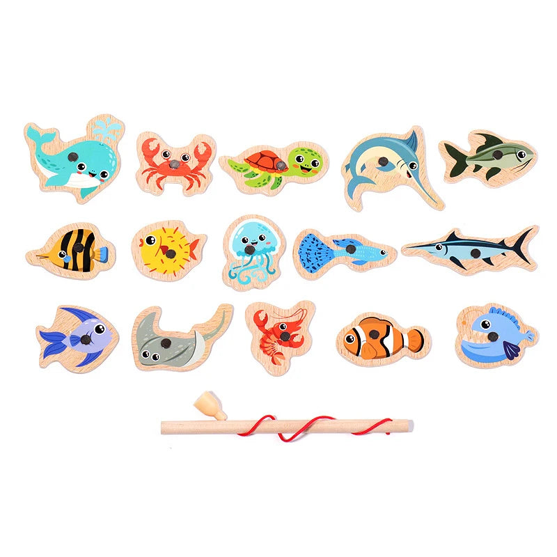 Magnetic Fishing Toys Game Set for Kids Montessori Wooden Cartoon Fishing Rod Educational Toys Birthday Party Toddle Gifts